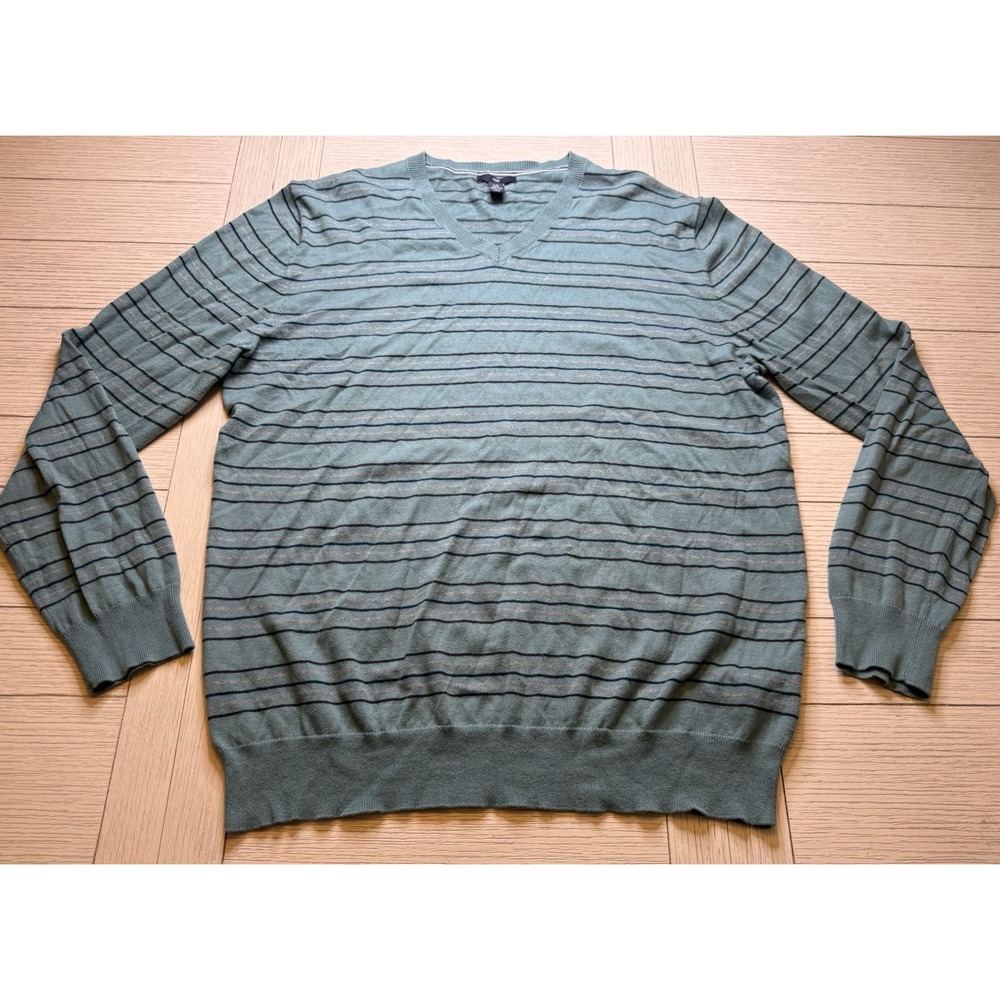 Gap Men's V Neck 100% Cotton Teal, Blk, Gray Striped Sweater. Lightweight. Sz XL